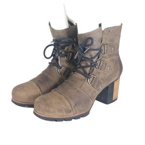 Sorel Women's Addington US10 Brown Leather Lace-up Heels Ankle Boots Booties
